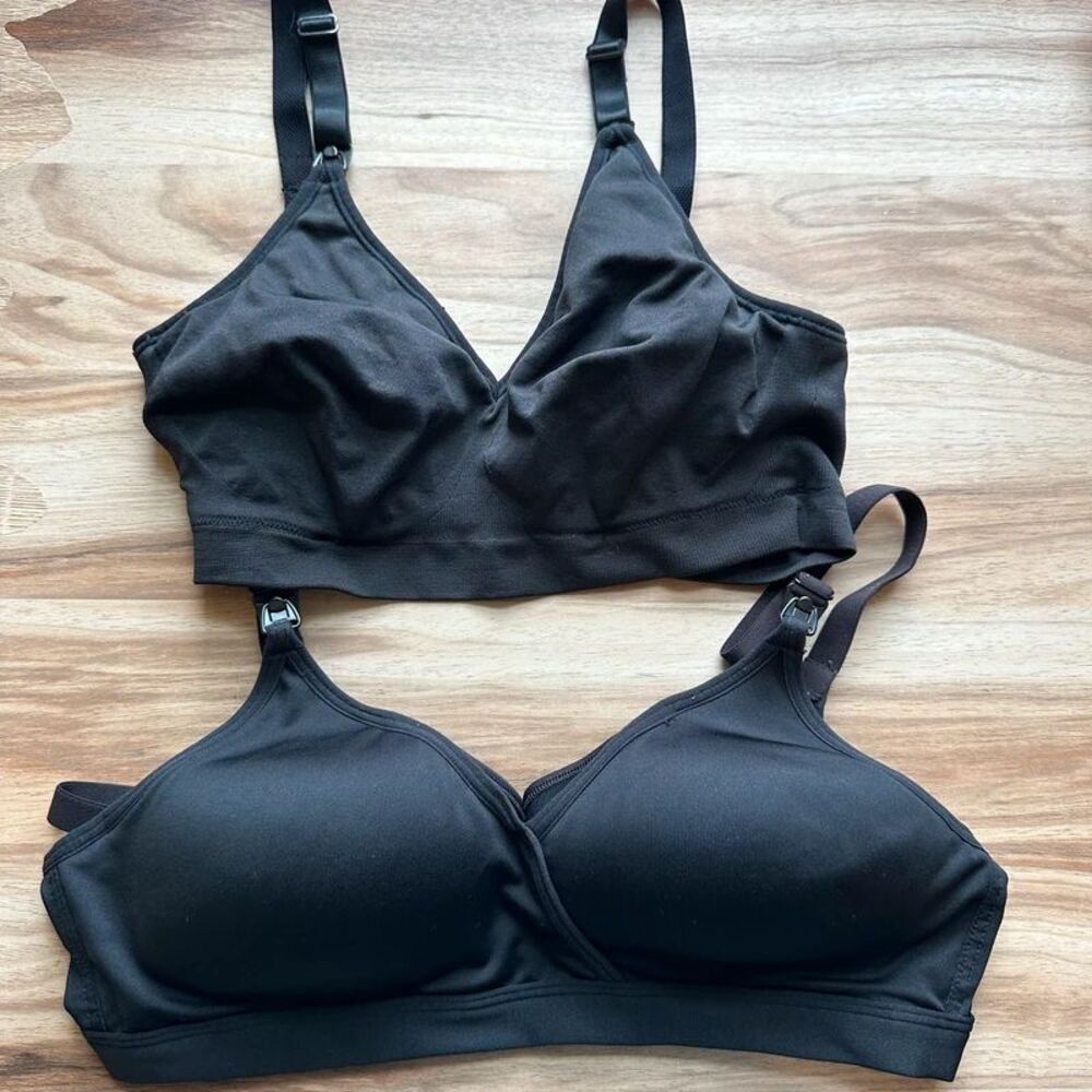 2 Black Nursing Maternity Bras 36B 34C Medium Large Padded Wireless Clip Down